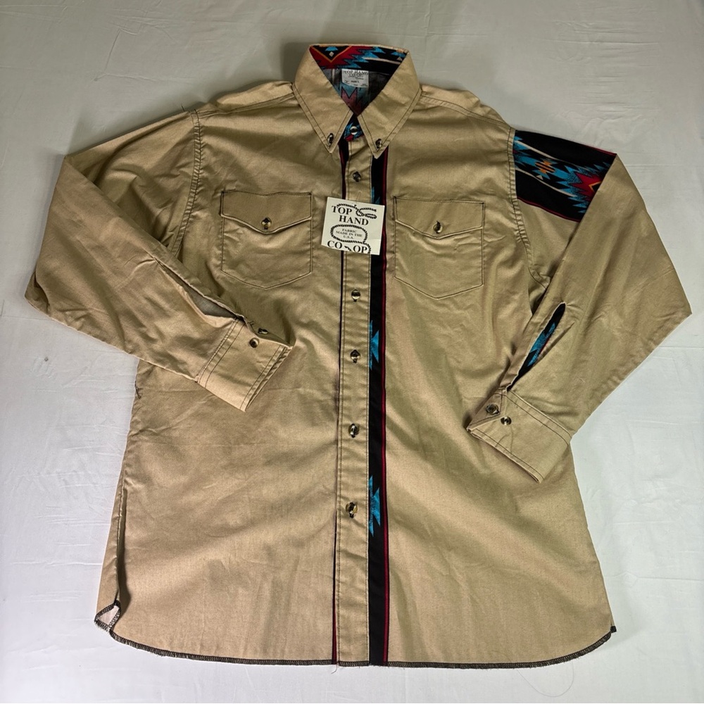 Top Hand Coop Men's L Long Sleeve Button Up Aztec Western Shirt Tan. NWT.